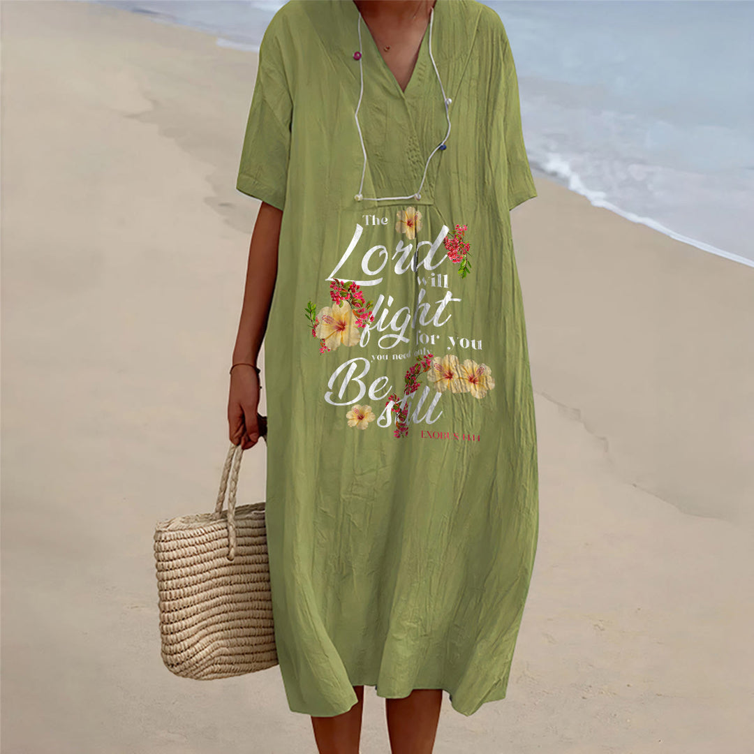Christianartworkshop Hibiscus Floral Accent "The Lord Will Fight For You" V-Neck Short Sleeve Midi Dress - Olive Green - 4XL - image 10