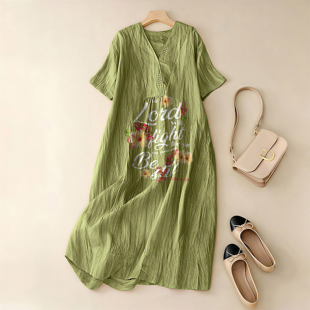 Christianartworkshop Hibiscus Floral Accent "The Lord Will Fight For You" V-Neck Short Sleeve Midi Dress - image 11