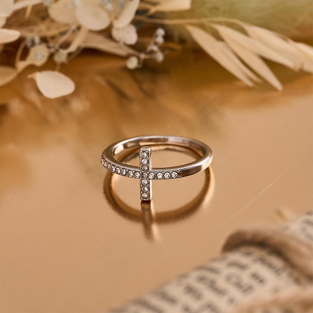 Christianartworkshop Delicate Sideways Cross Zircon Ring with All-Over Stone Setting: A Reminder of Understated Divine Grace - Silver - US 13 - image 11