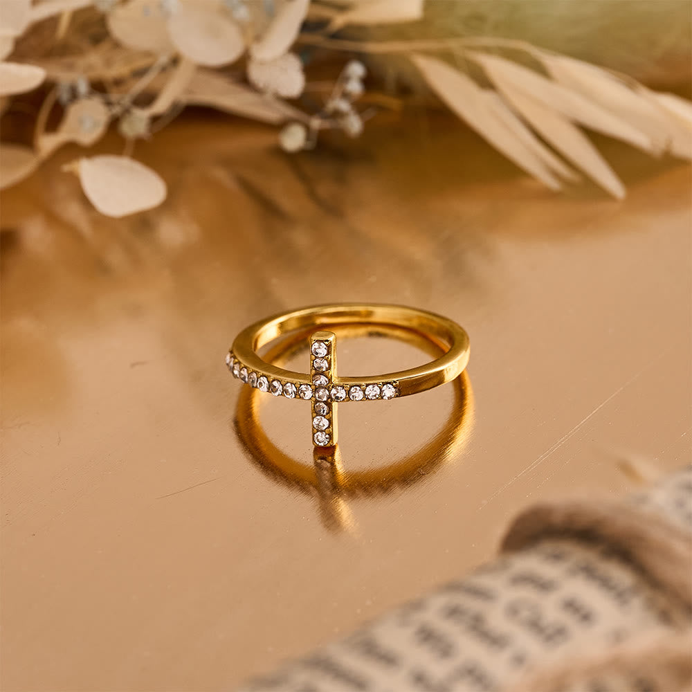 FREE Today: Delicate Sideways Cross Zircon Ring with All-Over Stone Setting: A Reminder of Understated Divine Grace - Golden - US 13 - image 1