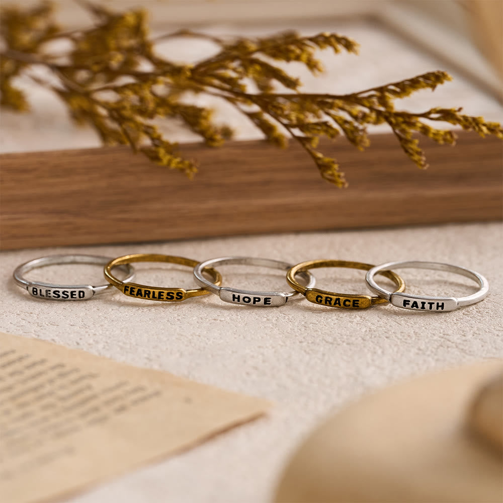 FREE Today: Refined Stackable Ring Set with Engraved BLESSED/FAITH/HOPE Text: An Emblem of Quiet Devotion - Set of 5 rings（US 6.5） - image 0
