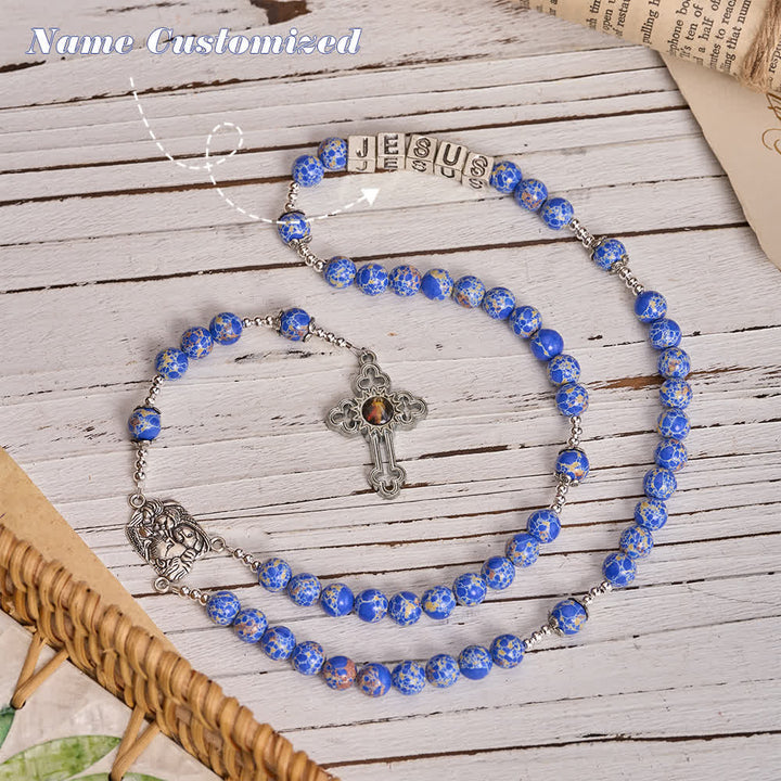 Christianartworkshop Regal Blue Emperor Stone Rosary with Holy Family & Divine Mercy Cross - Name Customized(All in capitals) - image 7