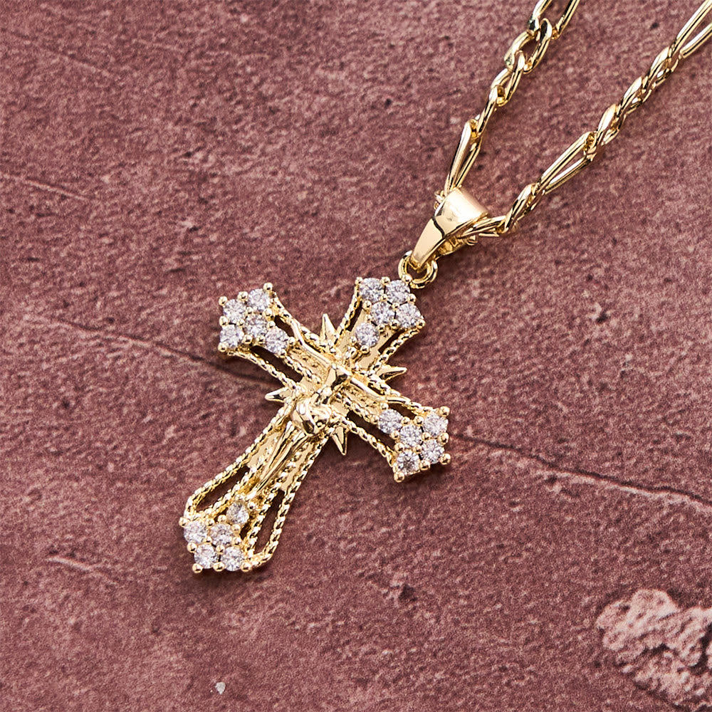 Christianartworkshop Ornate Zircon Crucifix Pendant Necklace with Figaro Chain: A Symbol of Sacred Devotion - Cross - image 0