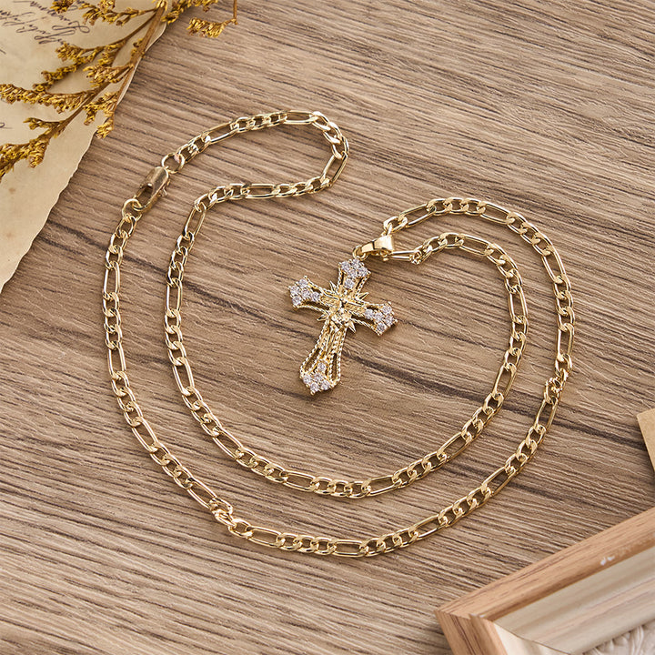 Christianartworkshop Ornate Zircon Crucifix Pendant Necklace with Figaro Chain: A Symbol of Sacred Devotion - image 3