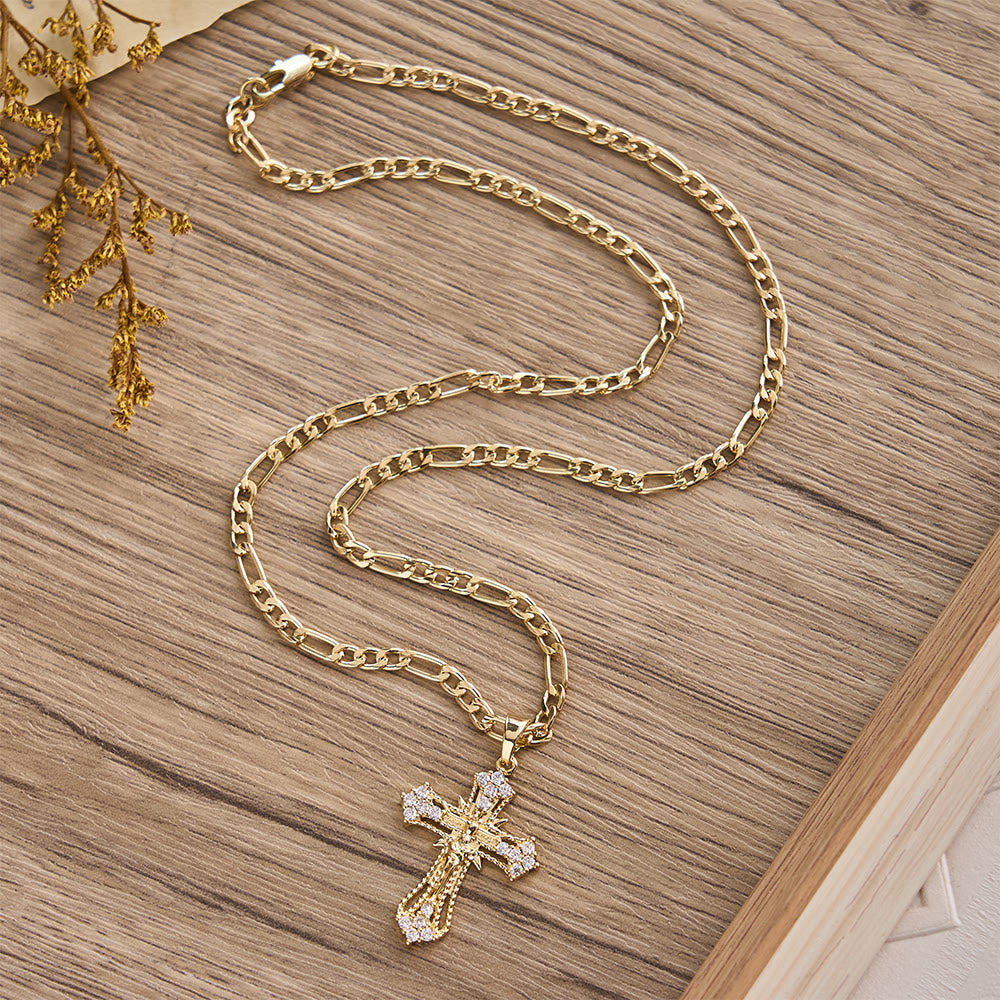 Christianartworkshop Ornate Zircon Crucifix Pendant Necklace with Figaro Chain: A Symbol of Sacred Devotion - image 5