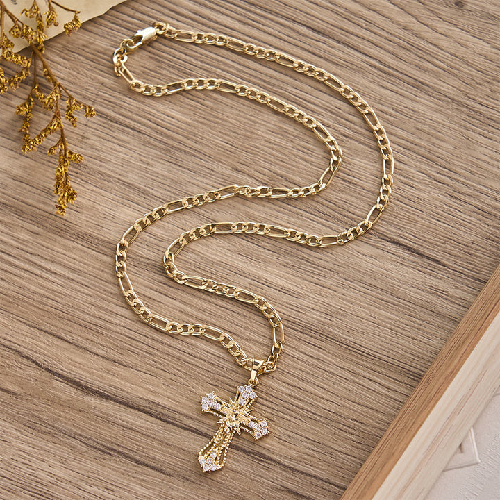 Christianartworkshop Ornate Zircon Crucifix Pendant Necklace with Figaro Chain: A Symbol of Sacred Devotion - image 5