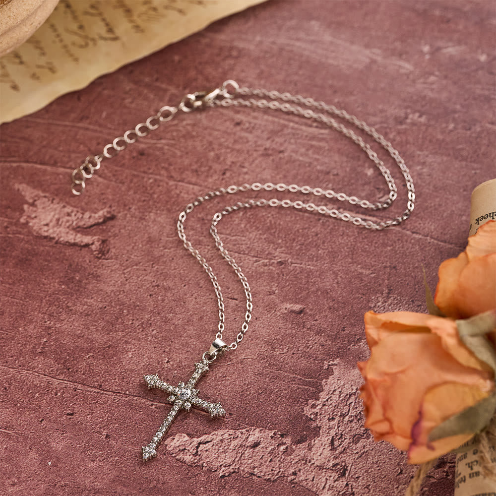 Refined Zircon-Encrusted Cross Pendant Necklace with Central Stone