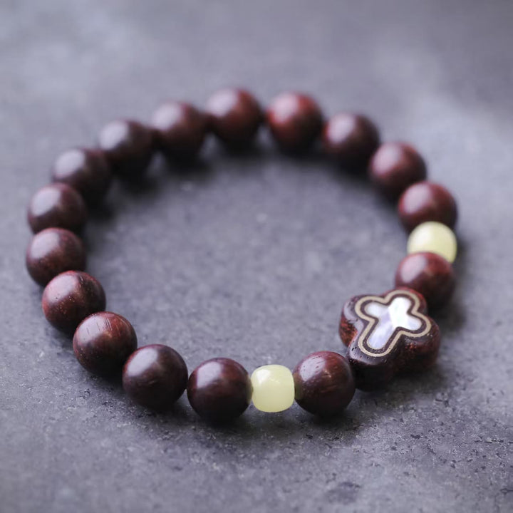 Christianartworkshop Sandalwood & Mother-of-Pearl Cross Beaded Bracelet: A Symbol of Divine Serenity - image 2