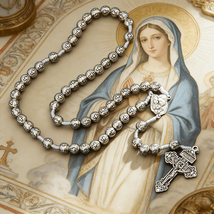 Christianartworkshop Holy Family Center Rosary with Crucifix & Cross-Engraved Beads: A Symbol of Sacred Devotion - Holy Family & Crucifix - image 0