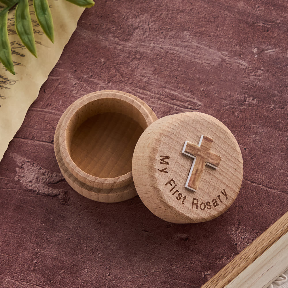Christianartworkshop My First Rosary Wooden Keepsake Box with Cross Emblem: A Symbol of Sacred Beginnings - Brown - image 4