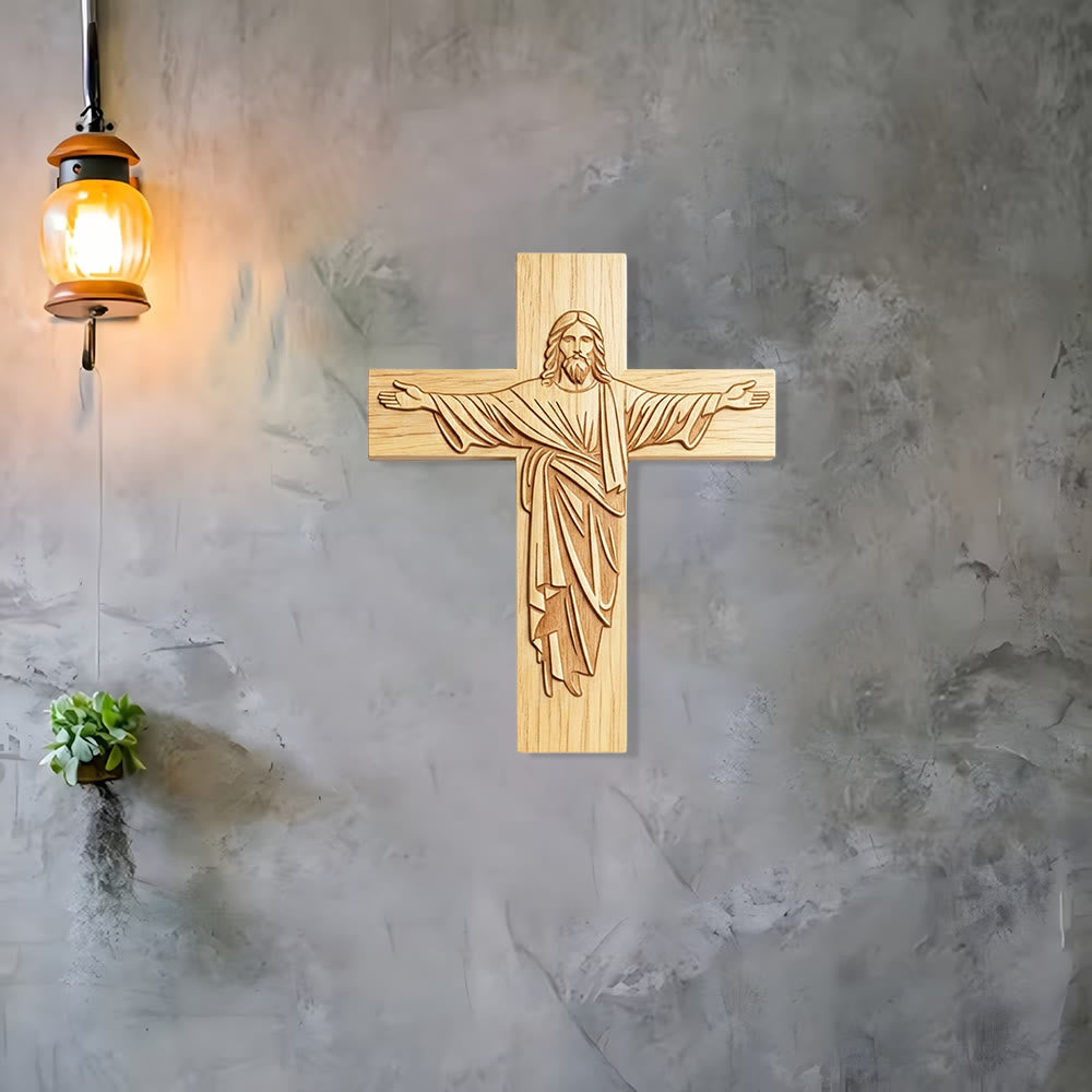 ChristianArtWorkshop Minimalist Jesus Cross Wood Plaque – Open