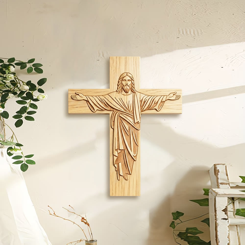 ChristianArtWorkshop Minimalist Jesus Cross Wood Plaque – Open