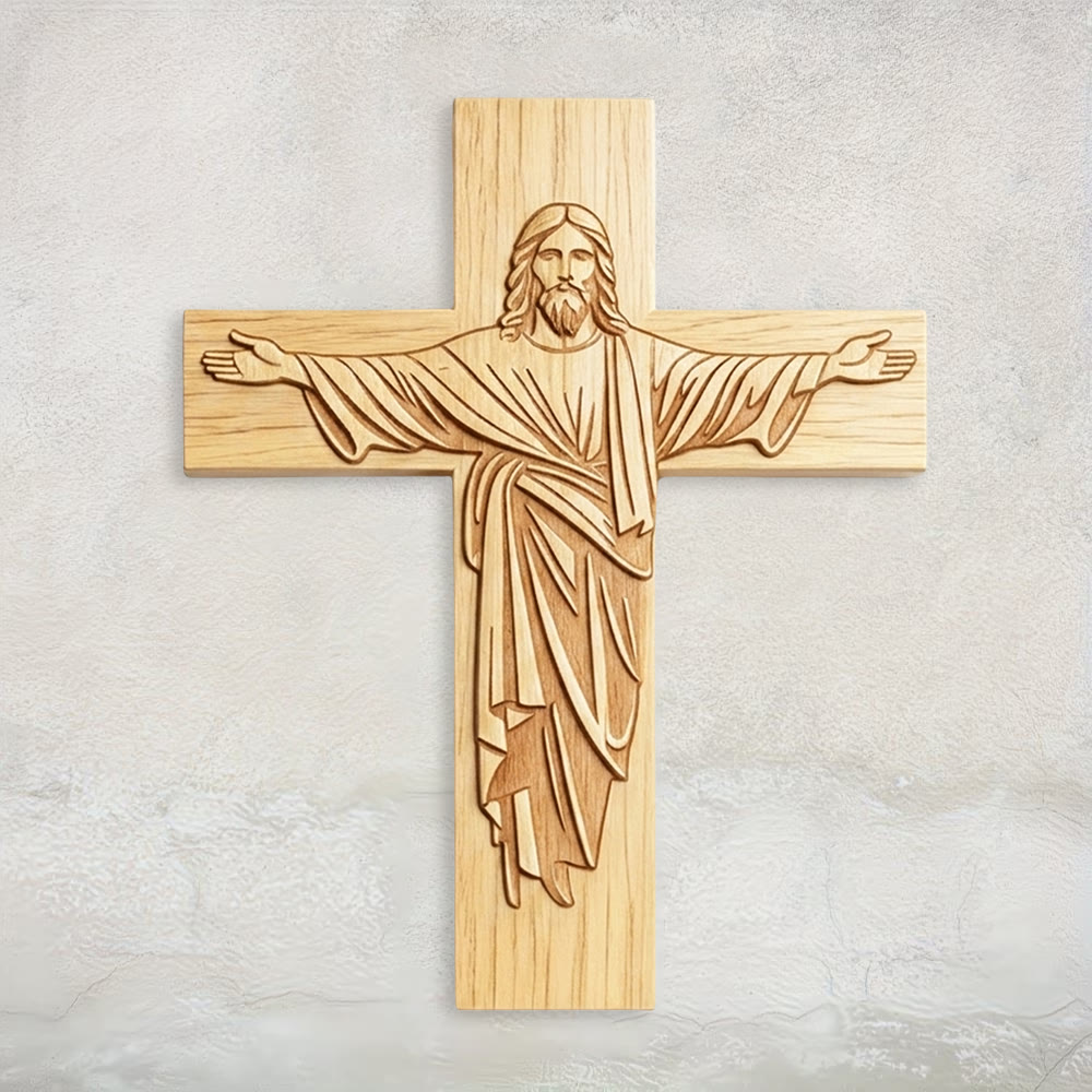 ChristianArtWorkshop Minimalist Jesus Cross Wood Plaque – Open