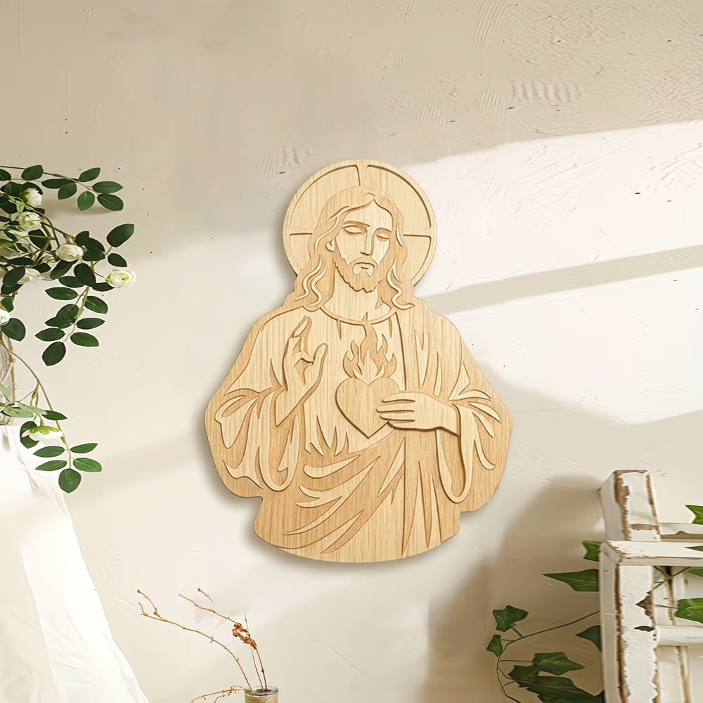 Sacred Heart of Jesus Carved Wooden Wall Plaque – Handmade
