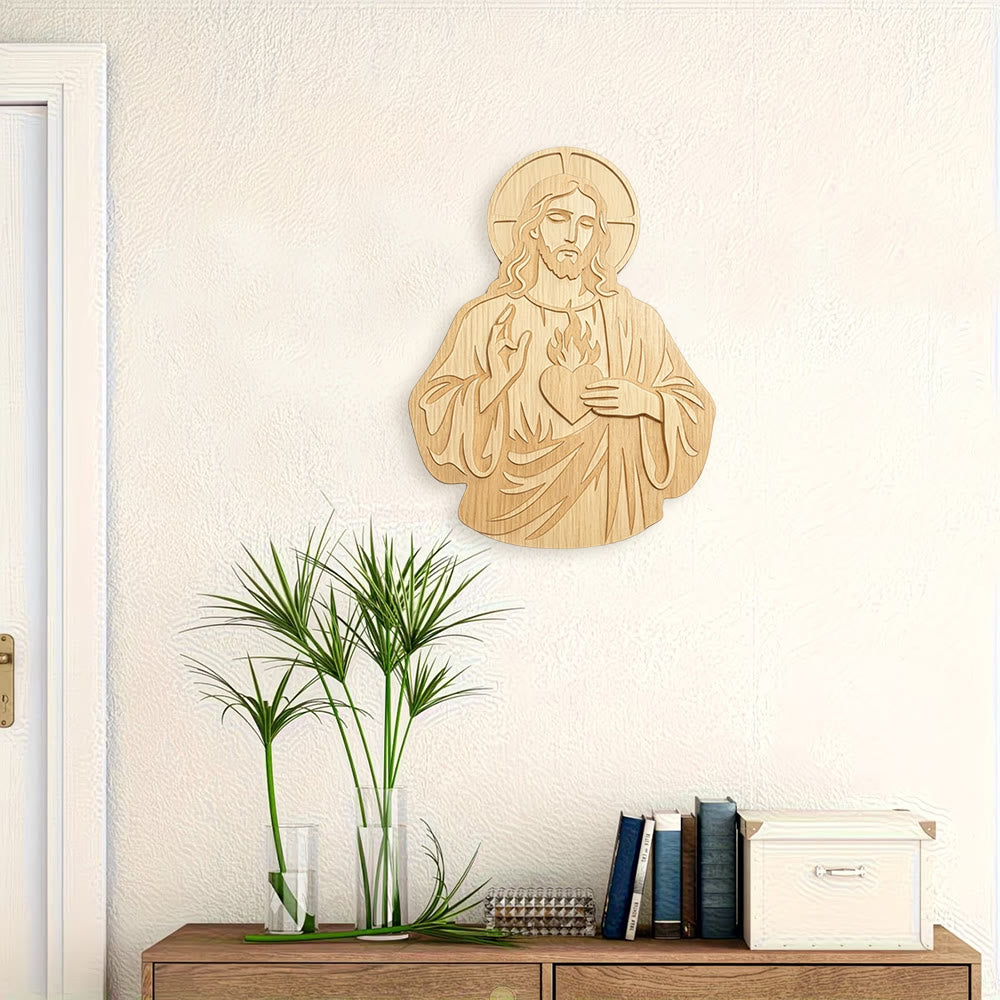 Sacred Heart of Jesus Carved Wooden Wall Plaque – Handmade