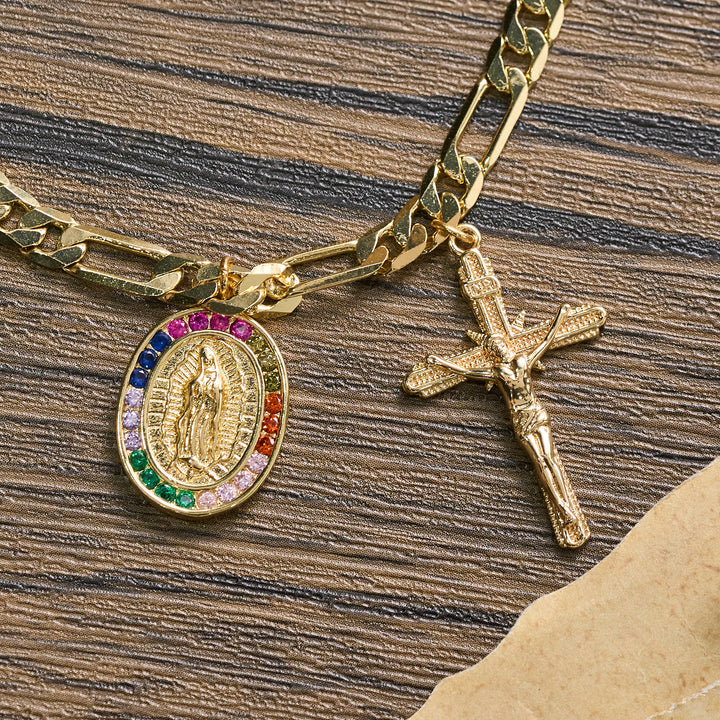 Christianartworkshop Figaro Chain Guadalupe Medal Bracelet with Rhinestone Border & Crucifix Charm - image 9