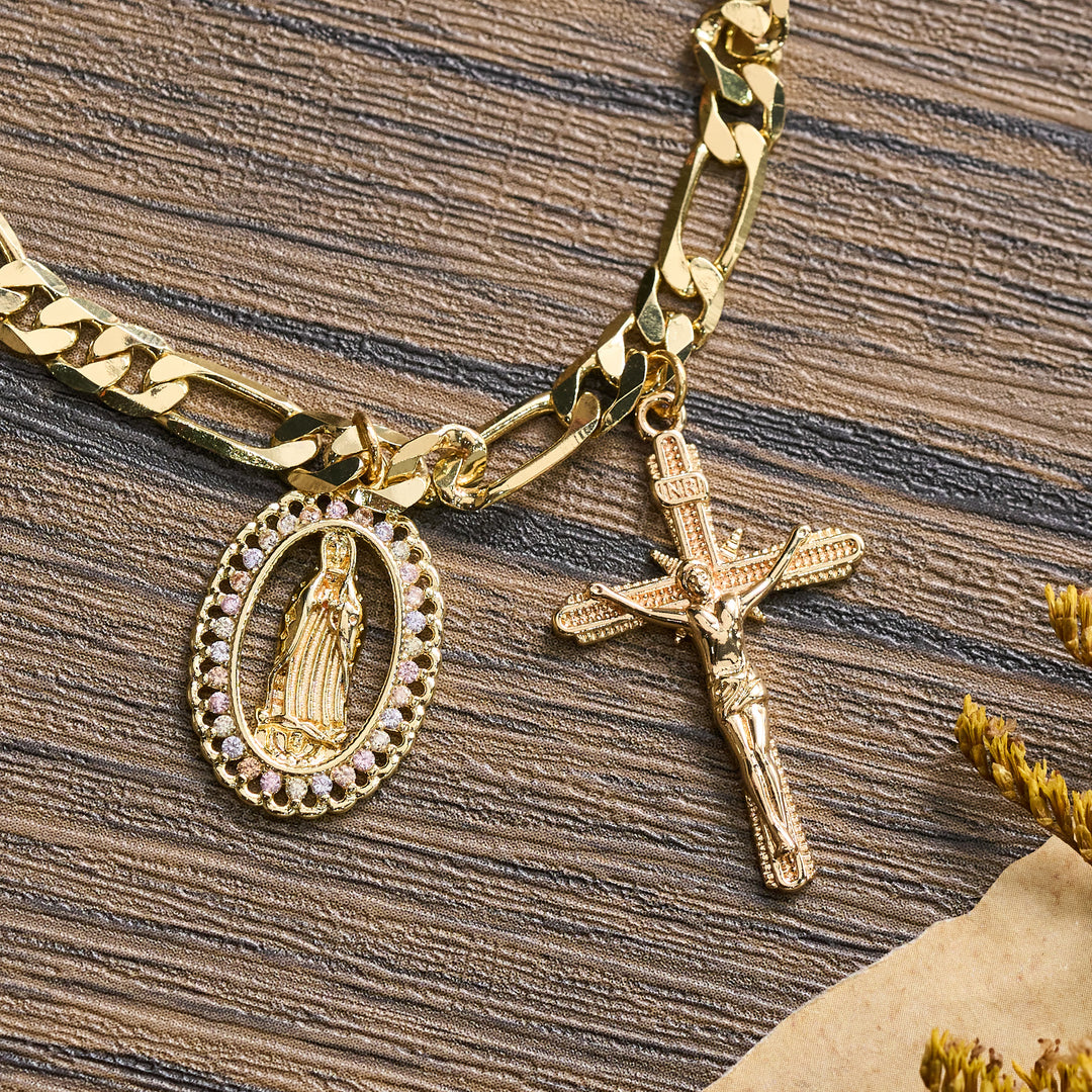 Christianartworkshop Figaro Chain Guadalupe Medal Bracelet with Rhinestone Border & Crucifix Charm - image 3