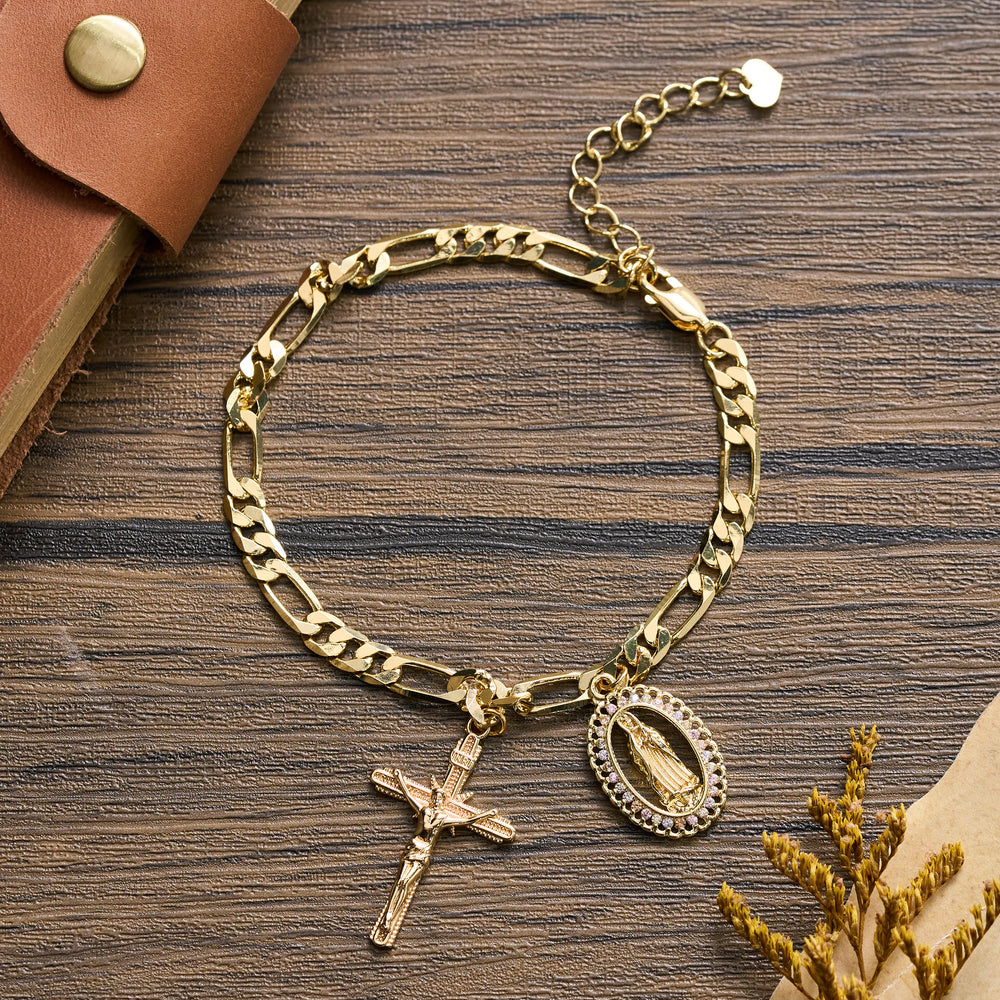 Christianartworkshop Figaro Chain Guadalupe Medal Bracelet with Rhinestone Border & Crucifix Charm - Our Lady & Crucifix A - image 1