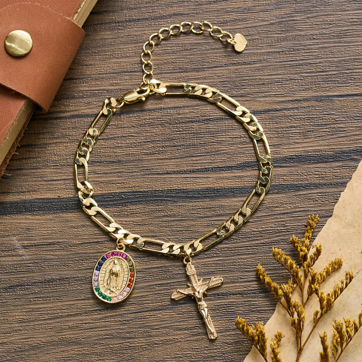 Christianartworkshop Figaro Chain Guadalupe Medal Bracelet with Rhinestone Border & Crucifix Charm - Our Lady & Crucifix C - image 7