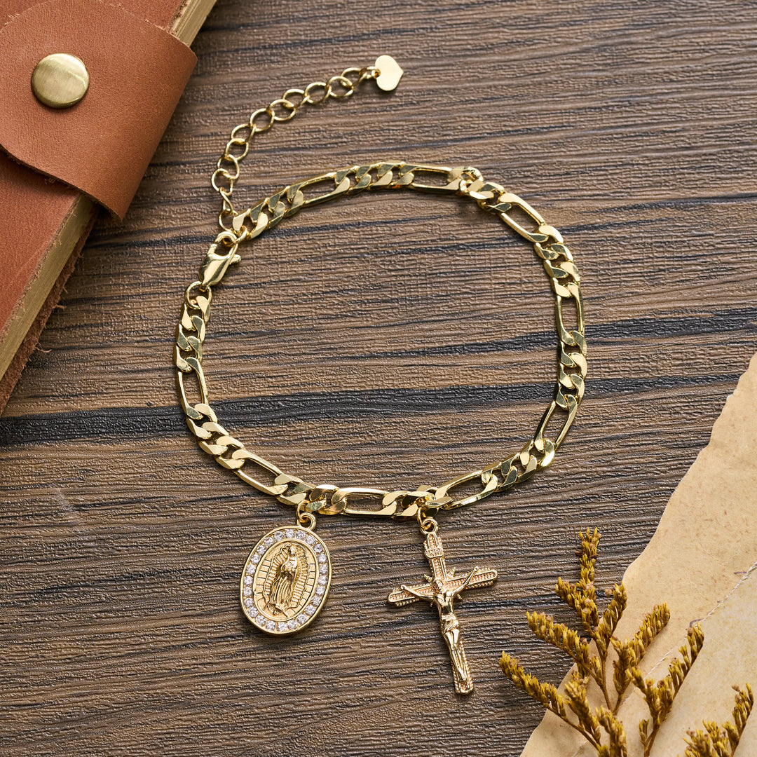 Christianartworkshop Figaro Chain Guadalupe Medal Bracelet with Rhinestone Border & Crucifix Charm - Our Lady & Crucifix B - image 4