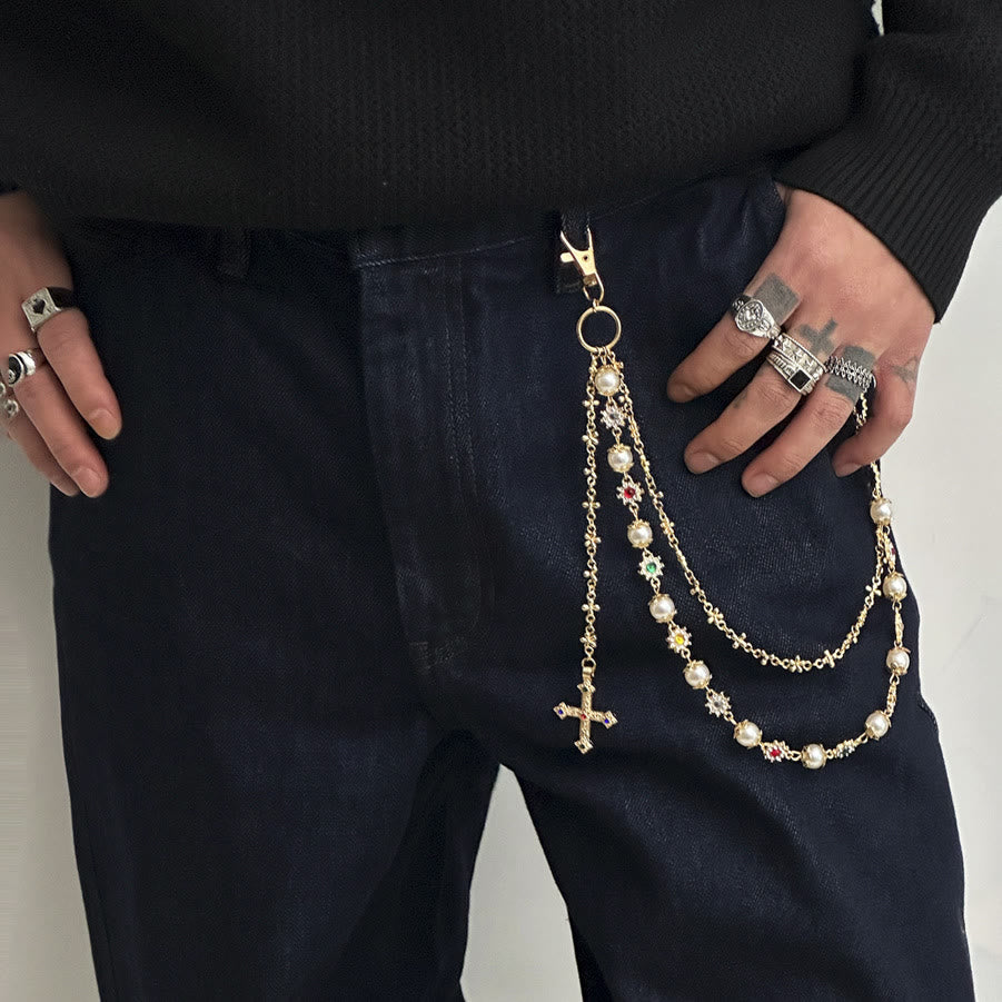 Christianartworkshop Multi-Layer Colored Zircon Accent Cross Pant Chain: A Symbol of Sacred Faith & Street Style - Golden B Style - image 5