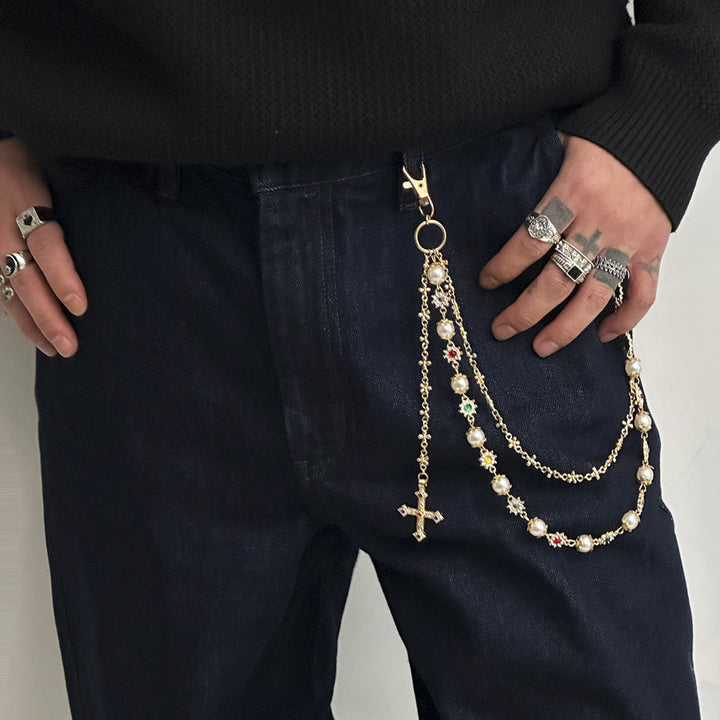 Christianartworkshop Multi-Layer Colored Zircon Accent Cross Pant Chain: A Symbol of Sacred Faith & Street Style - Golden B Style - image 5