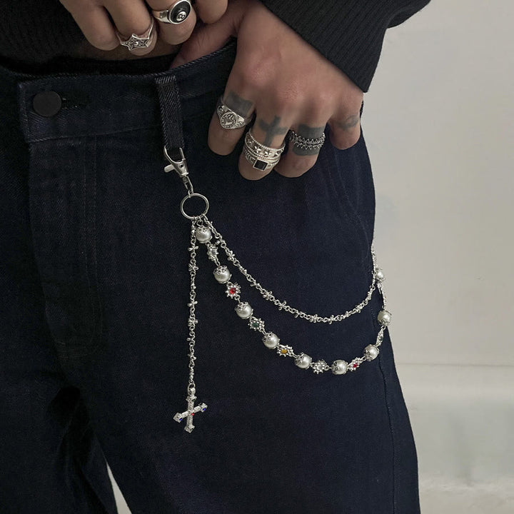 Christianartworkshop Multi-Layer Colored Zircon Accent Cross Pant Chain: A Symbol of Sacred Faith & Street Style - Silver B Style - image 6