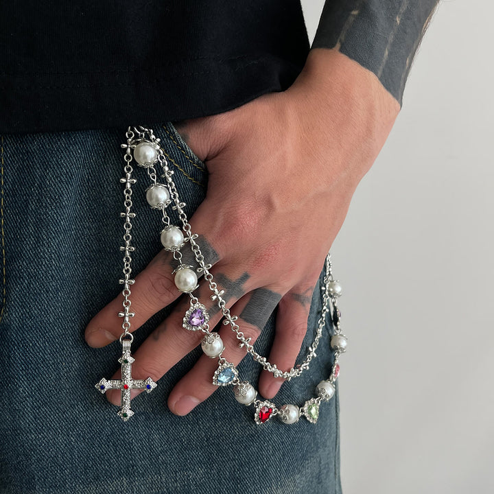 Christianartworkshop Multi-Layer Colored Zircon Accent Cross Pant Chain: A Symbol of Sacred Faith & Street Style - Silver A Style - image 3