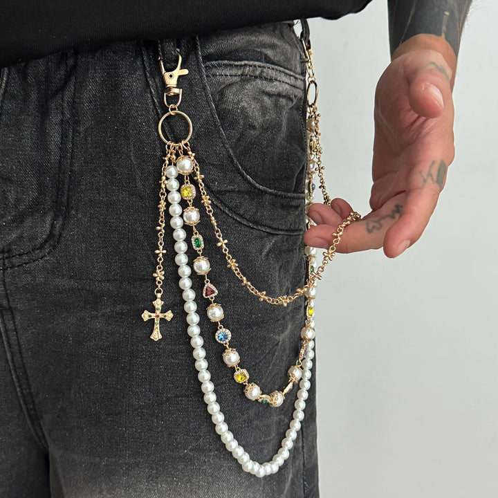 Christianartworkshop Multi-Layer Colored Zircon Accent Cross Pant Chain: A Symbol of Sacred Faith & Street Style - Golden E Style - image 15