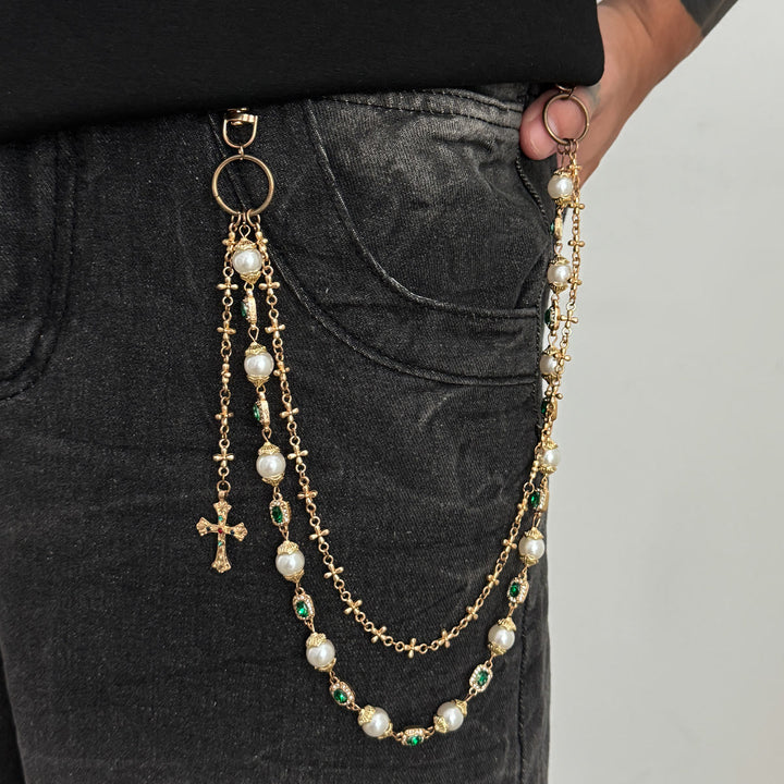 Christianartworkshop Multi-Layer Colored Zircon Accent Cross Pant Chain: A Symbol of Sacred Faith & Street Style - Golden C Style - image 9