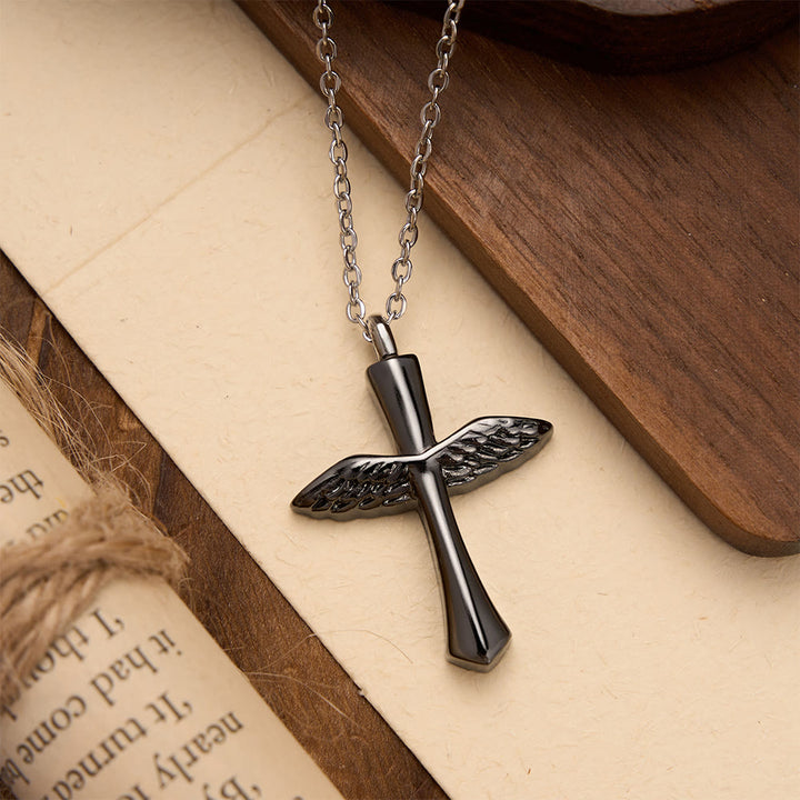 FREE Today: Textured Angel Wing Cross Pendant Necklace in Three Finishes: A Symbol of Divine Guardian Love - Black - image 0
