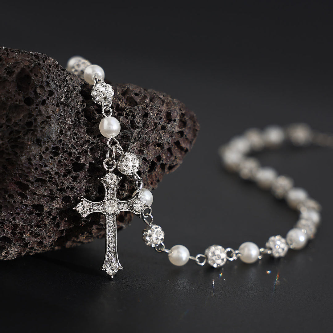 FREE Today: Alternating Pearl & Pave Crystal Bead Rosary-Style Cross Necklace: A Symbol of Sacred Devotion - Cross - image 0