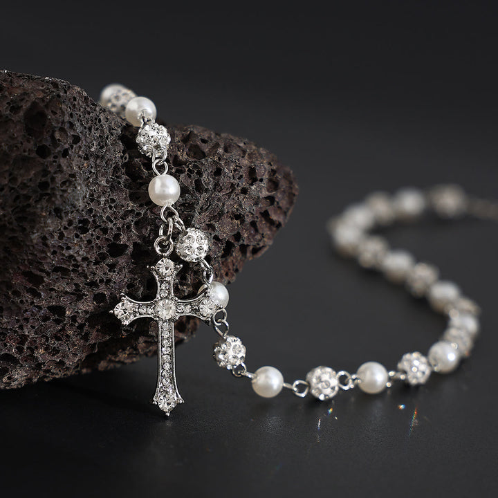 FREE Today: Alternating Pearl & Pave Crystal Bead Rosary-Style Cross Necklace: A Symbol of Sacred Devotion - Cross - image 0
