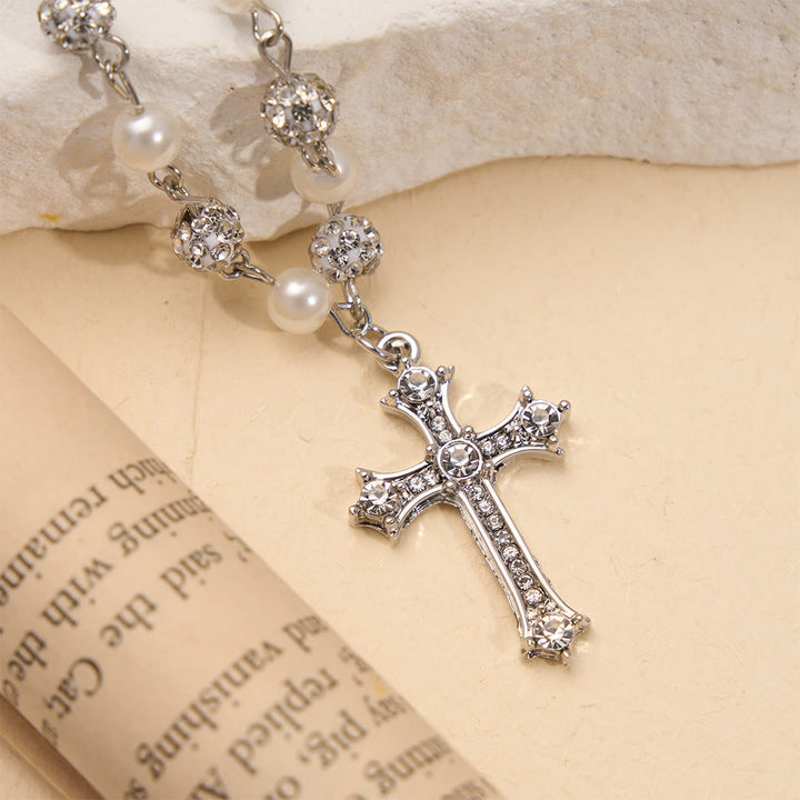 FREE Today: Alternating Pearl & Pave Crystal Bead Rosary-Style Cross Necklace: A Symbol of Sacred Devotion - image 5