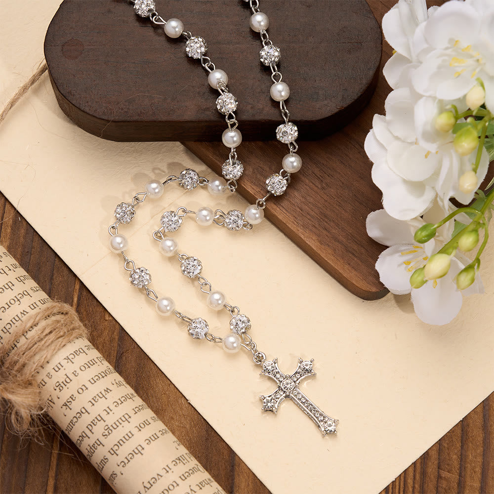 FREE Today: Alternating Pearl & Pave Crystal Bead Rosary-Style Cross Necklace: A Symbol of Sacred Devotion - image 1