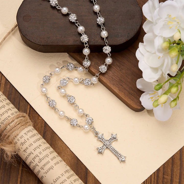 FREE Today: Alternating Pearl & Pave Crystal Bead Rosary-Style Cross Necklace: A Symbol of Sacred Devotion - image 1