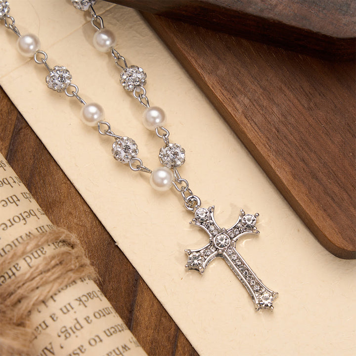 FREE Today: Alternating Pearl & Pave Crystal Bead Rosary-Style Cross Necklace: A Symbol of Sacred Devotion - image 4
