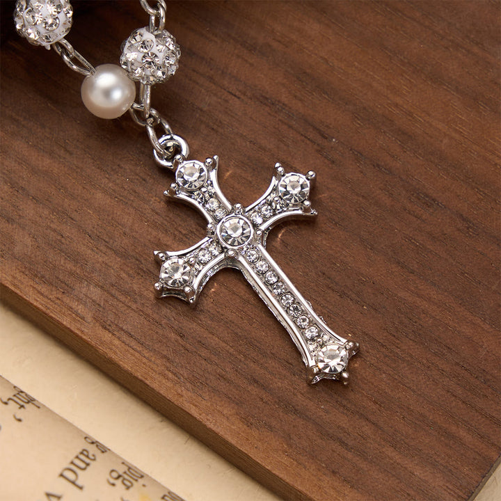 FREE Today: Alternating Pearl & Pave Crystal Bead Rosary-Style Cross Necklace: A Symbol of Sacred Devotion - image 3