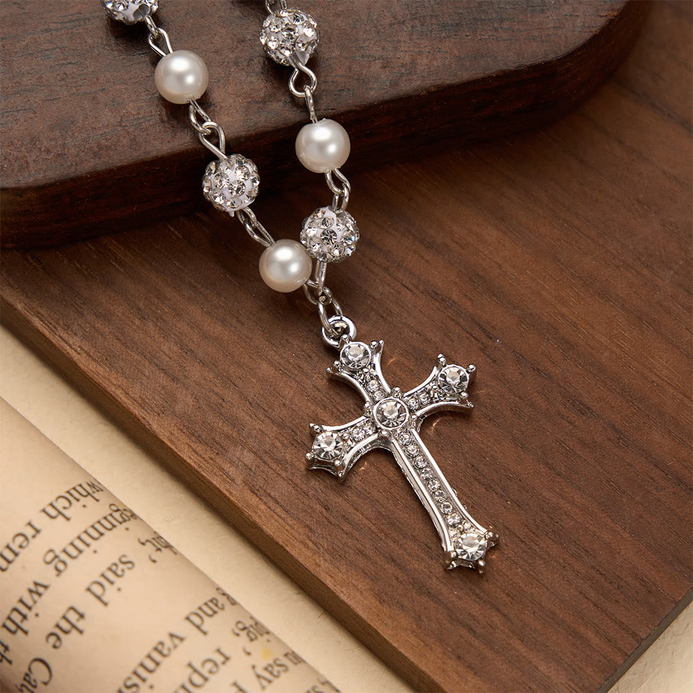 Christianartworkshop Alternating Pearl & Pave Crystal Bead Rosary-Style Cross Necklace: A Symbol of Sacred Devotion - image 2
