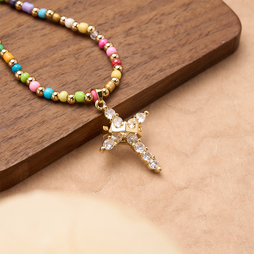 Christianartworkshop Two-Style Beaded Cross Necklace with Full-Pavé Zircon Crown Cross Pendant: A Symbol of Royal Divine Grace - Multicolor - image 4