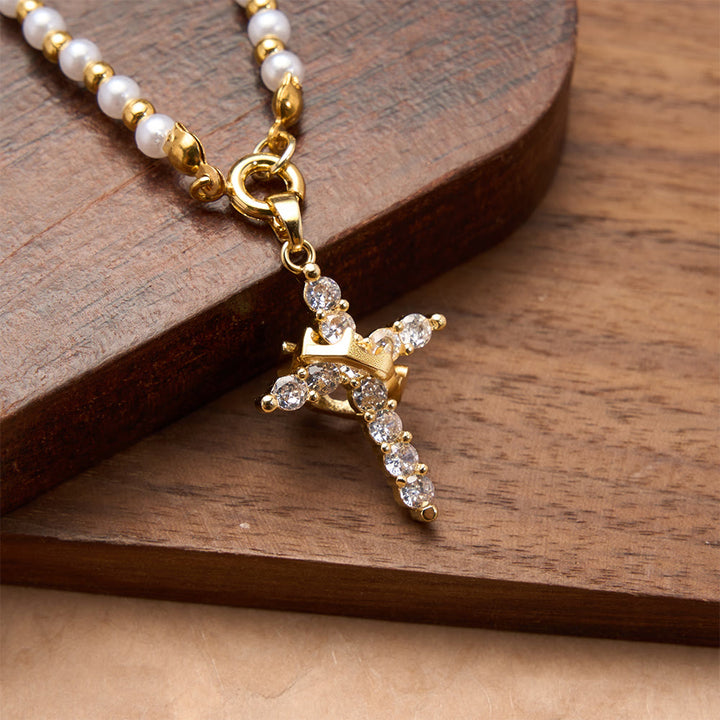 FREE Today: Two-Style Beaded Cross Necklace with Full-Pavé Zircon Crown Cross Pendant: A Symbol of Royal Divine Grace - White - image 6