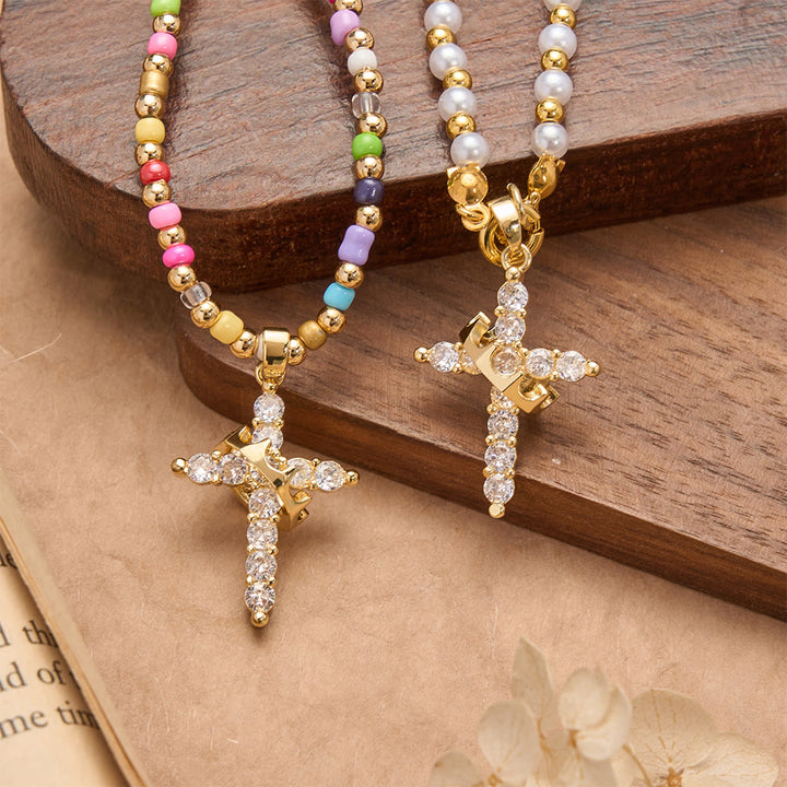FREE Today: Two-Style Beaded Cross Necklace with Full-Pavé Zircon Crown Cross Pendant: A Symbol of Royal Divine Grace - image 0