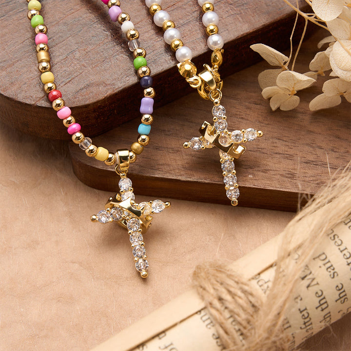 Christianartworkshop Two-Style Beaded Cross Necklace with Full-Pavé Zircon Crown Cross Pendant: A Symbol of Royal Divine Grace - image 3