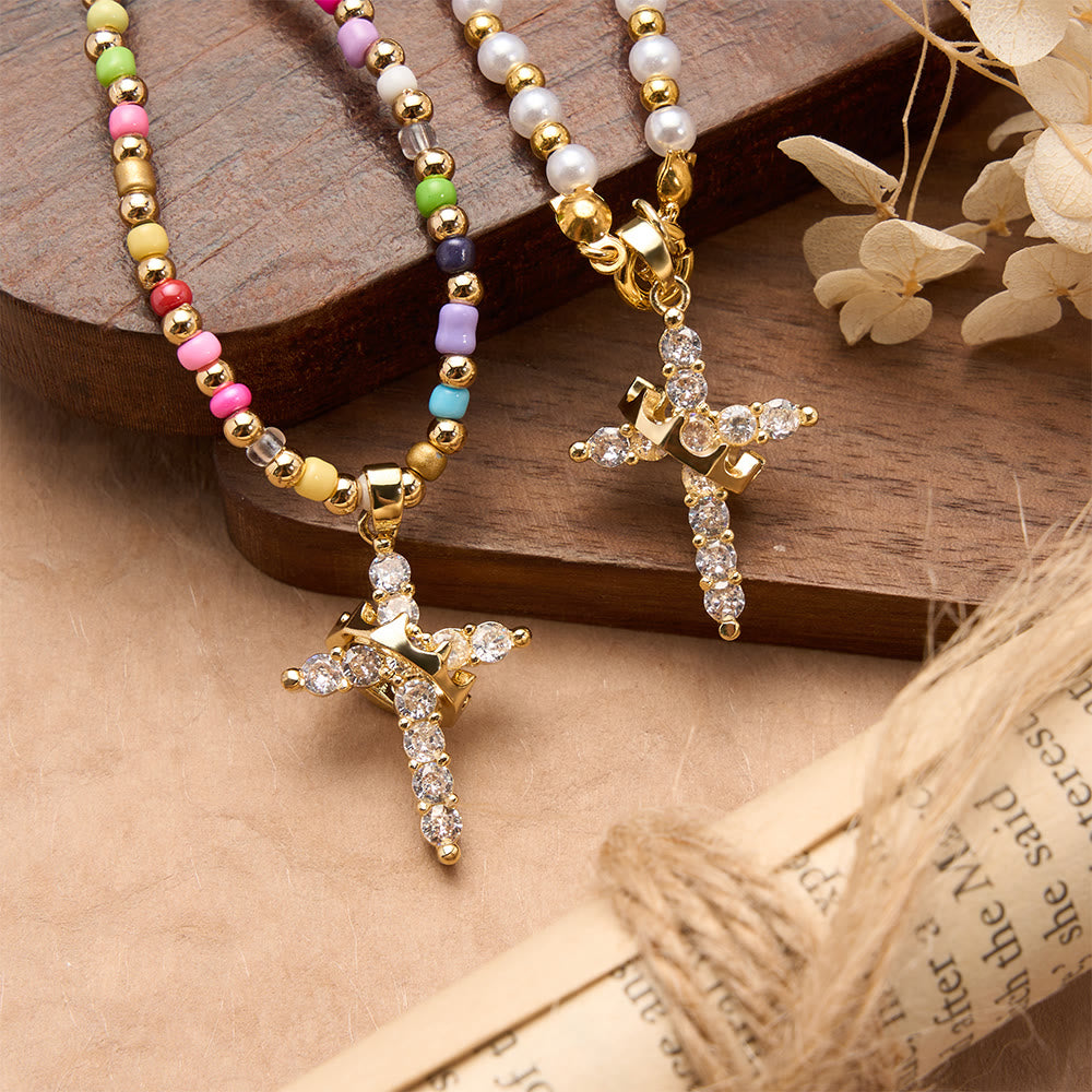 FREE Today: Two-Style Beaded Cross Necklace with Full-Pavé Zircon Crown Cross Pendant: A Symbol of Royal Divine Grace - image 3