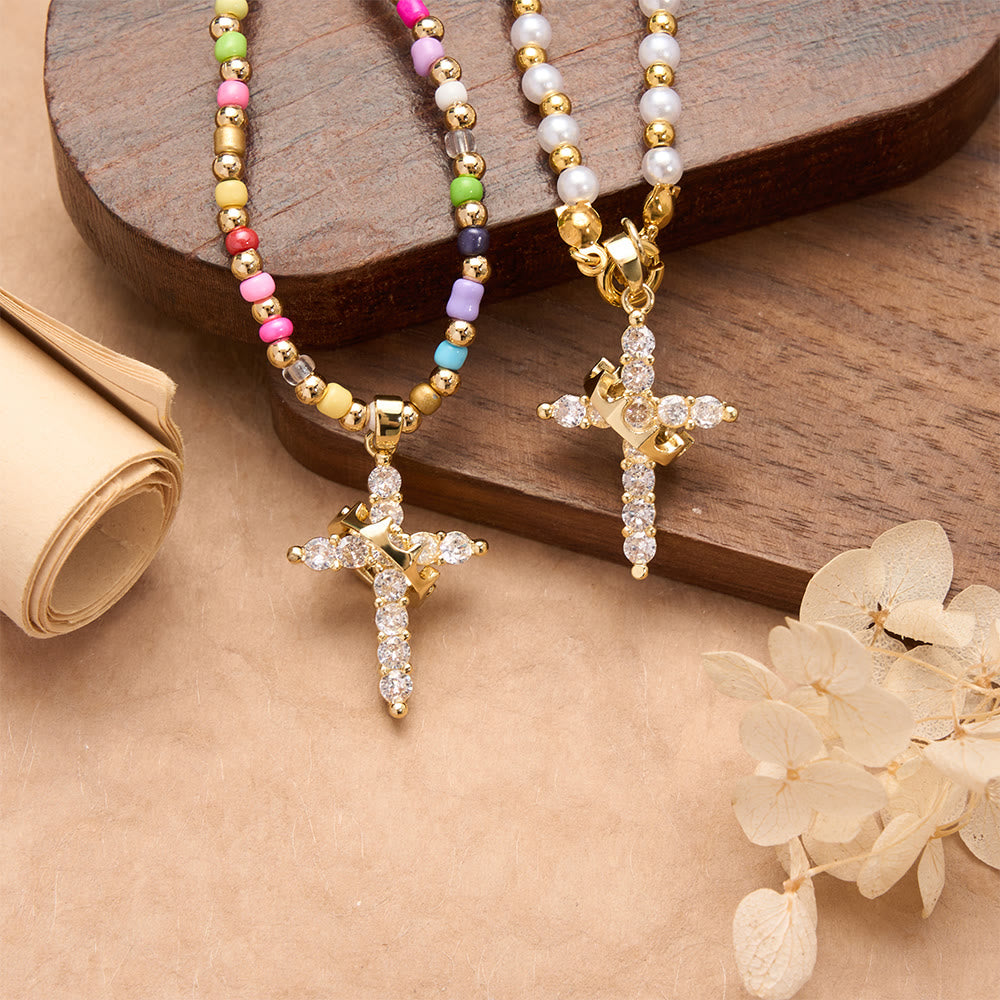 FREE Today: Two-Style Beaded Cross Necklace with Full-Pavé Zircon Crown Cross Pendant: A Symbol of Royal Divine Grace - image 2