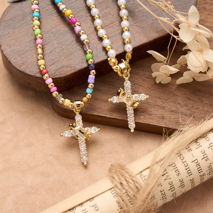 FREE Today: Two-Style Beaded Cross Necklace with Full-Pavé Zircon Crown Cross Pendant: A Symbol of Royal Divine Grace - image 1
