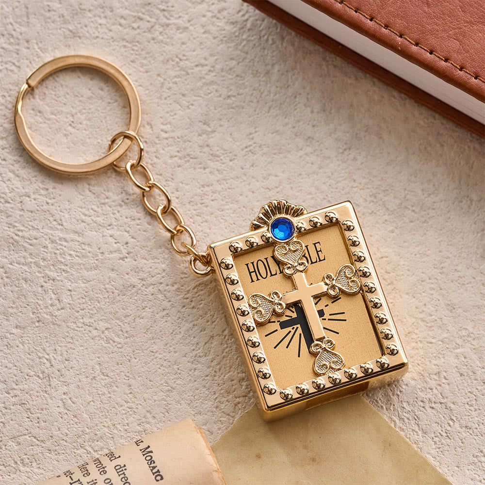 FREE Today: Hollow Heart-Cross Framed Mini Bible Keychain with Top Inlaid Zircon: A Symbol of Sacred Heavenly Promise - Golden & Blue - image 4