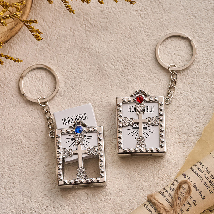 Christianartworkshop Hollow Heart-Cross Framed Mini Bible Keychain with Top Inlaid Zircon: A Symbol of Sacred Heavenly Promise - image 2