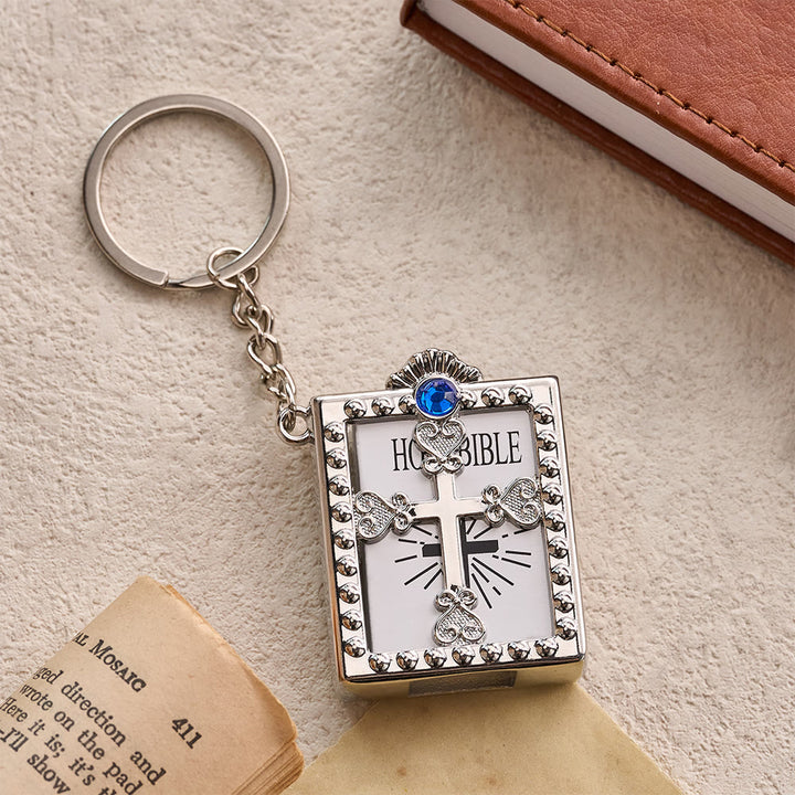 Christianartworkshop Hollow Heart-Cross Framed Mini Bible Keychain with Top Inlaid Zircon: A Symbol of Sacred Heavenly Promise - Silver & Blue - image 6