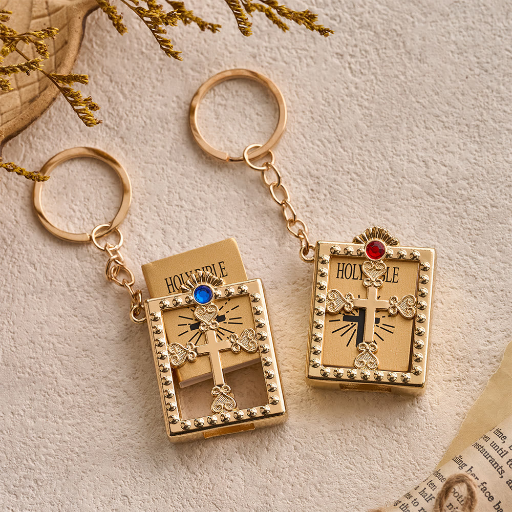 FREE Today: Hollow Heart-Cross Framed Mini Bible Keychain with Top Inlaid Zircon: A Symbol of Sacred Heavenly Promise - image 0